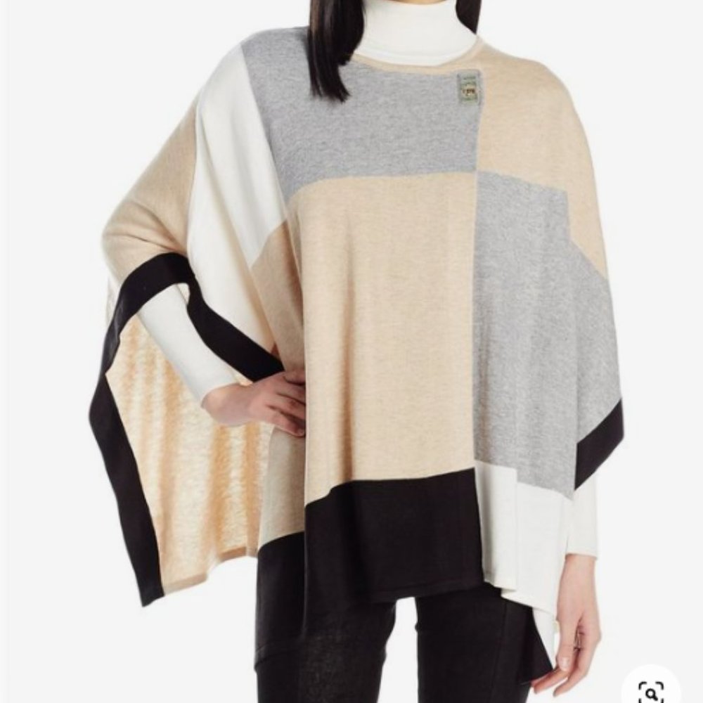 Calvin Klein One Size Geometric Colorblock‎ Poncho Sweater with Turnlock Closure